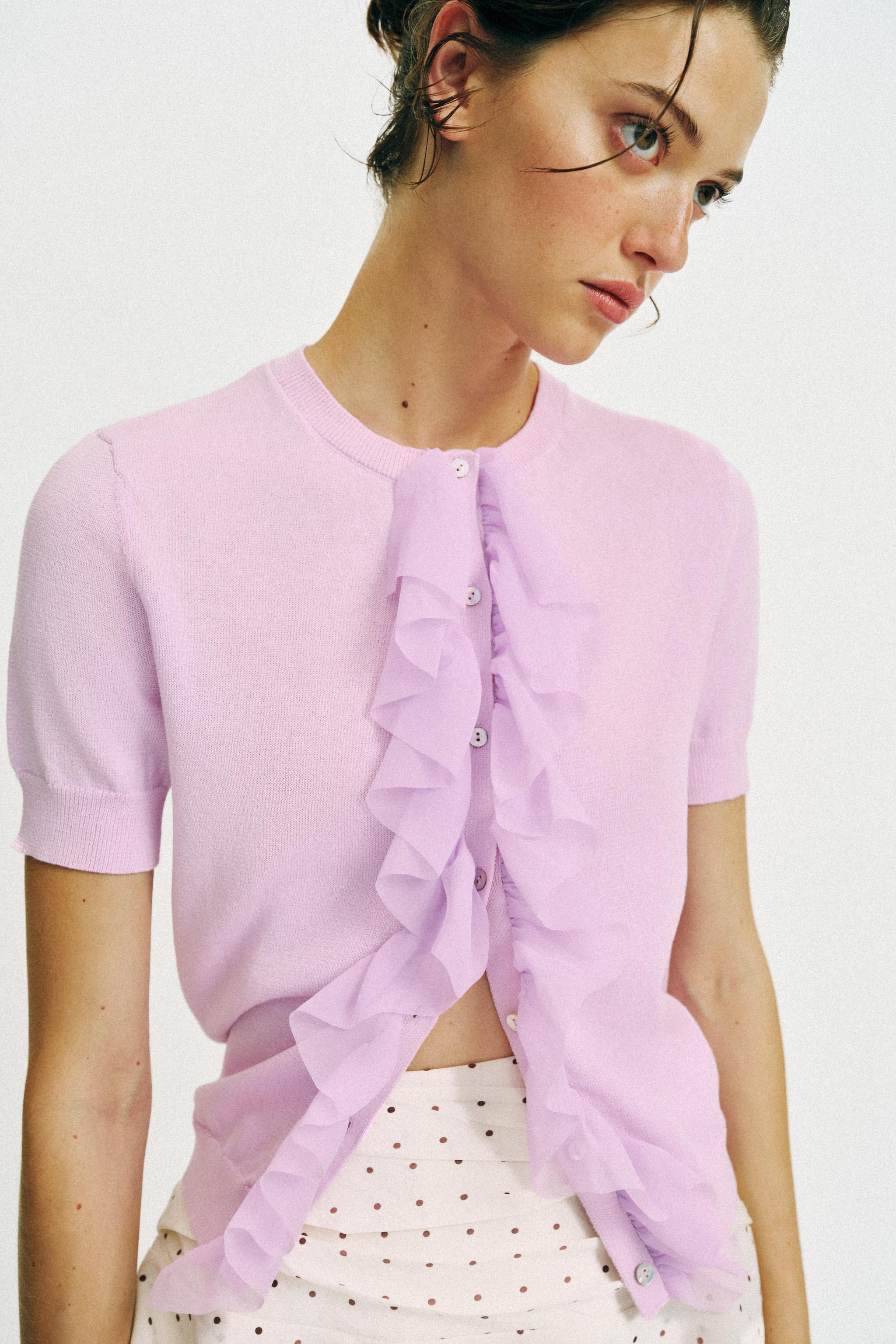 RUFFLED SHORT SLEEVE CARDIGAN